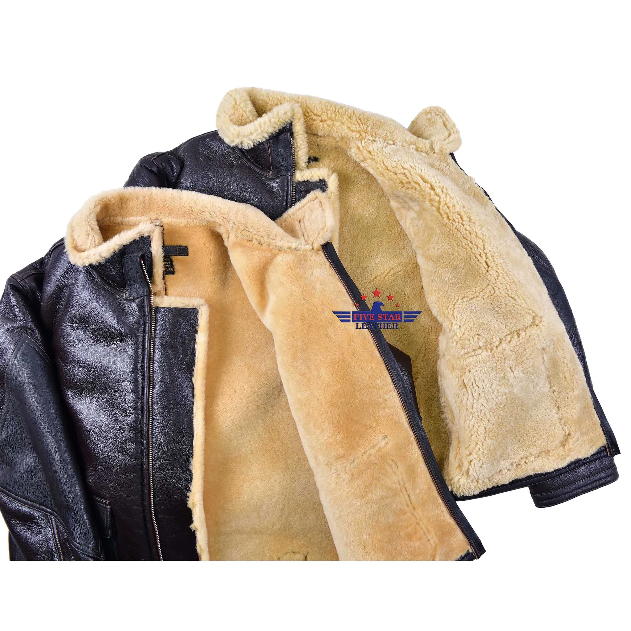 Men Aviator US Navy M-444 Sheepskin Leather Flight Jacket
