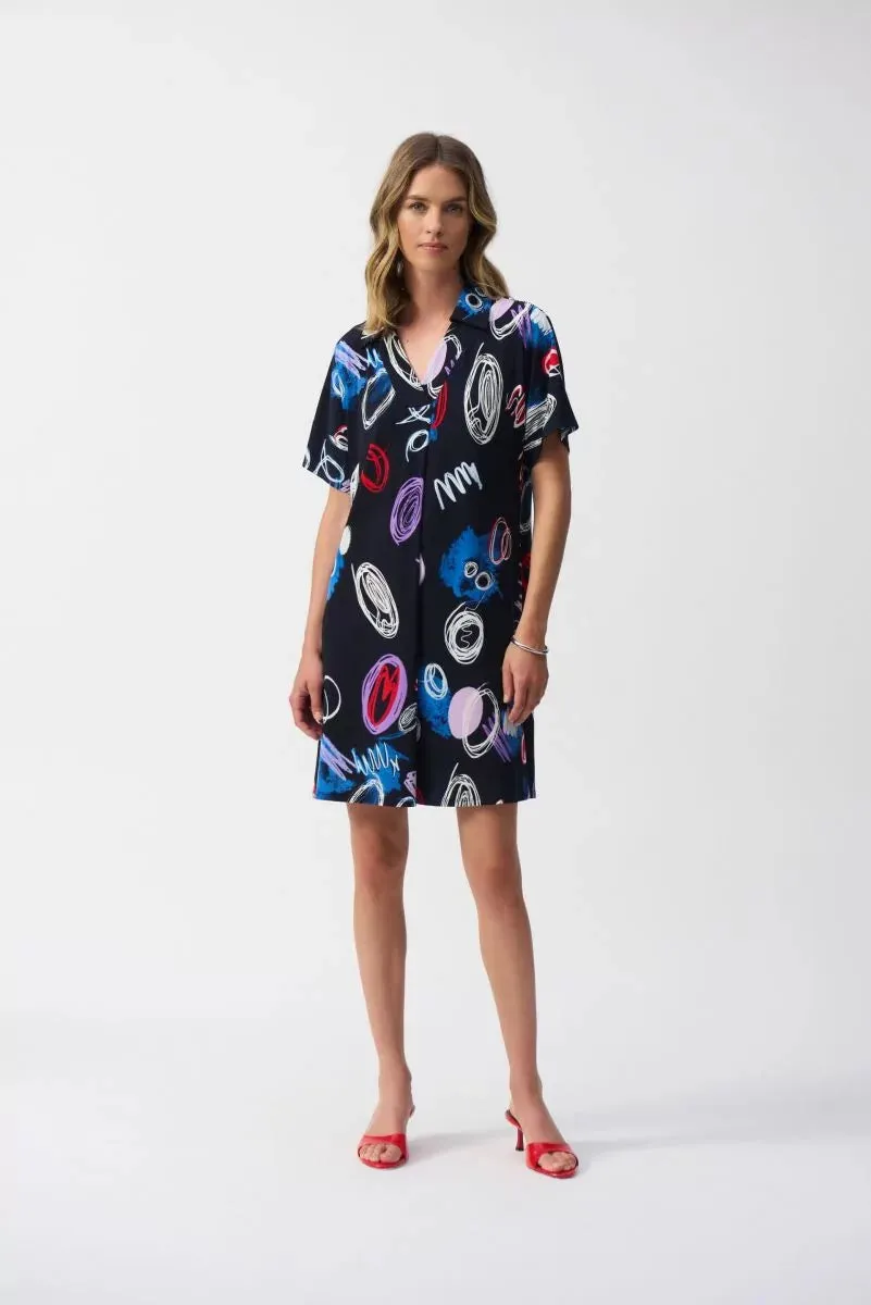 Midnight Blue/Multi Abstract Print A-Line Dress Style 251111