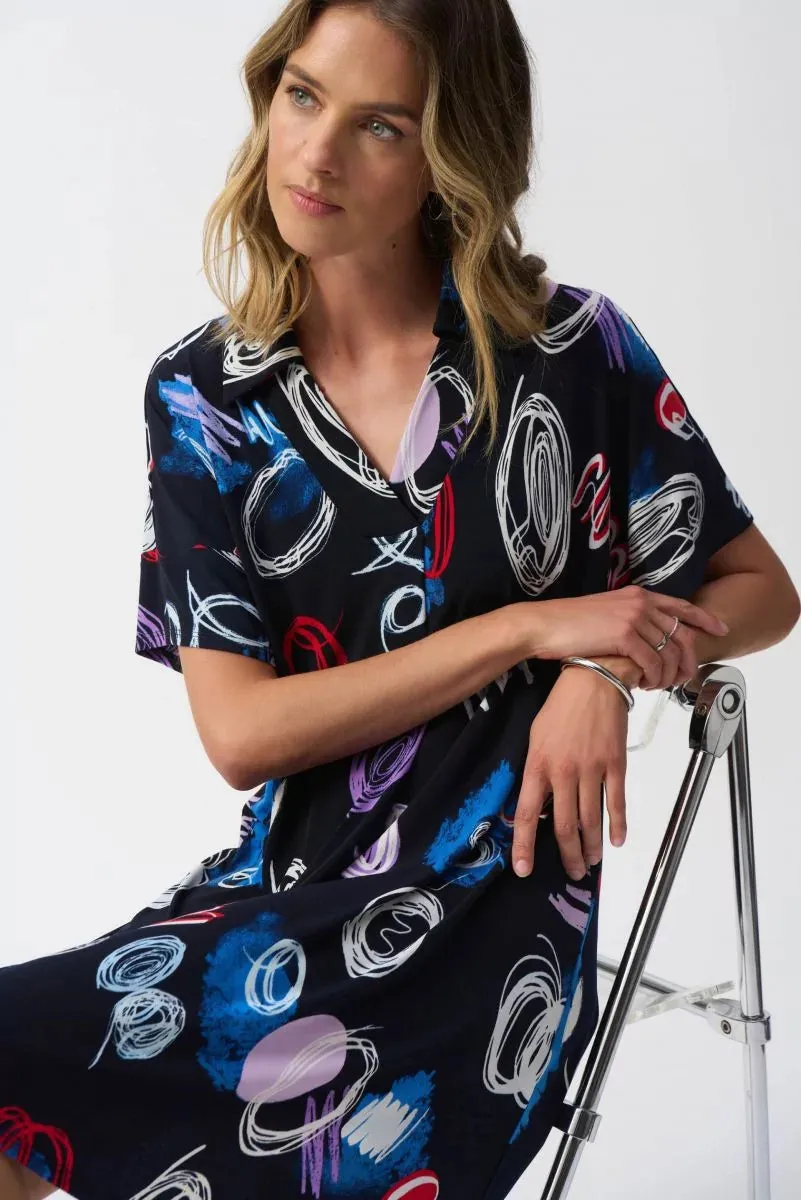 Midnight Blue/Multi Abstract Print A-Line Dress Style 251111
