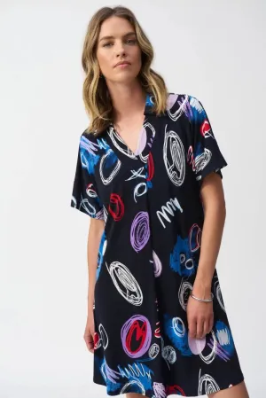 Midnight Blue/Multi Abstract Print A-Line Dress Style 251111