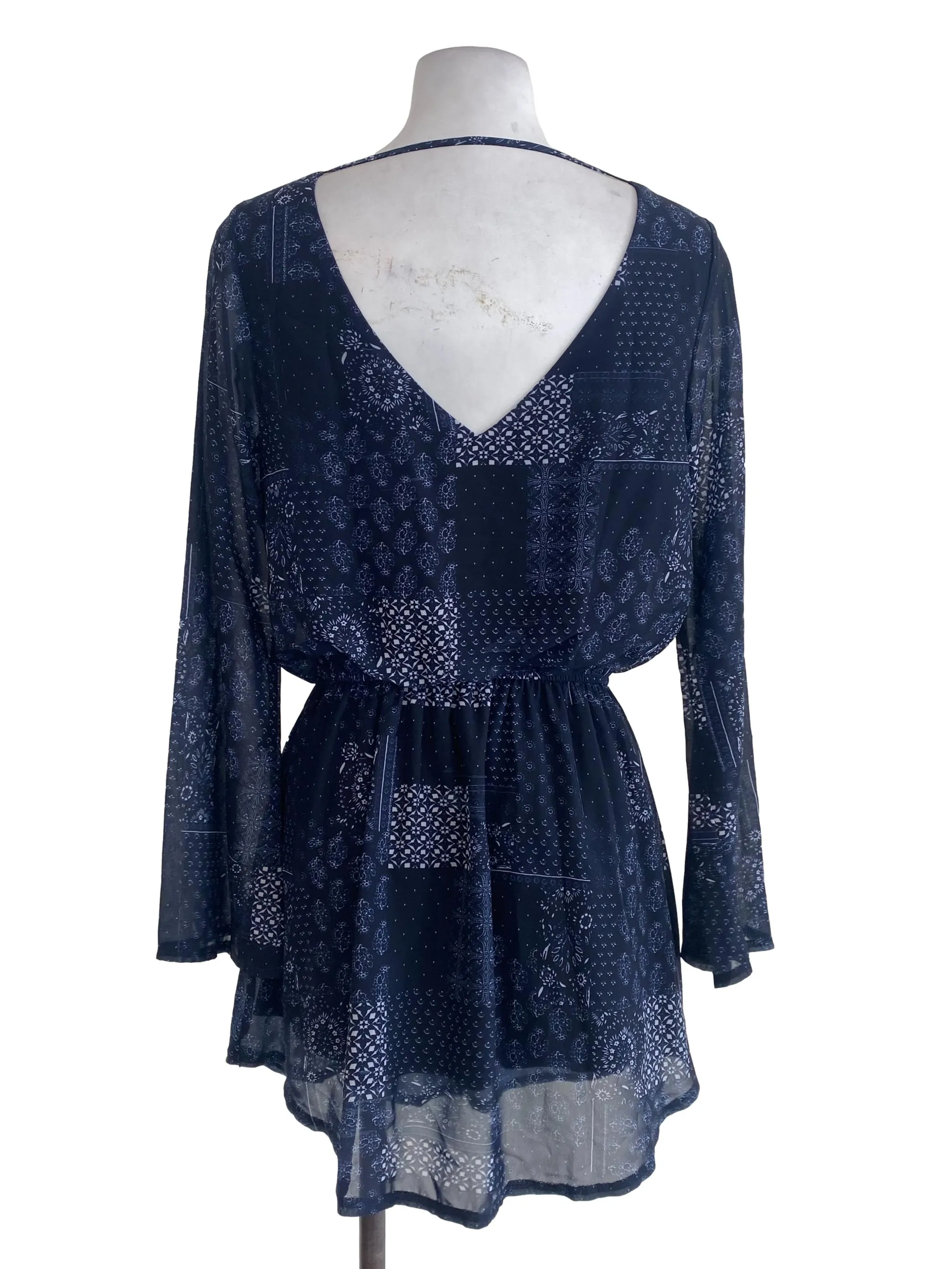 Navy Blue Patterned Blouson Dress