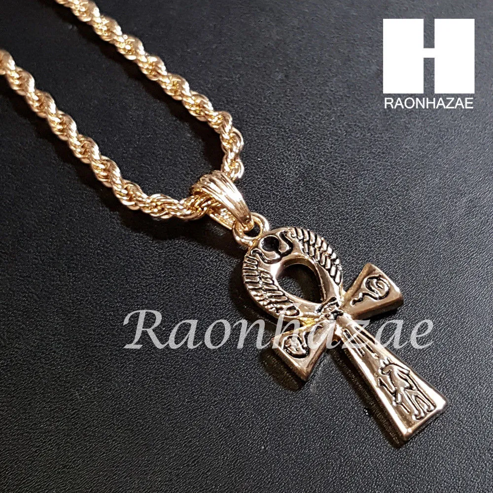 New 14k Gold PT ANKH Cross Pendant 15mm Miami Cuban 30" Necklace S195