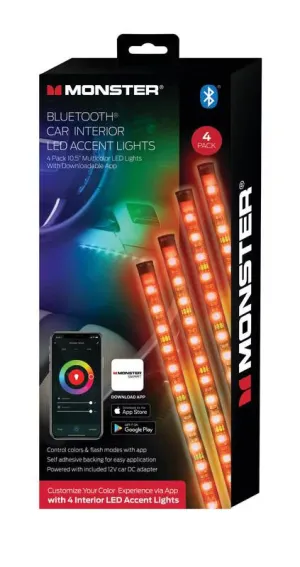 New in slightly damaged package Monster Multicolor Bluetooth Car Interior LED Accent Lights, Customizable, 4-Pack