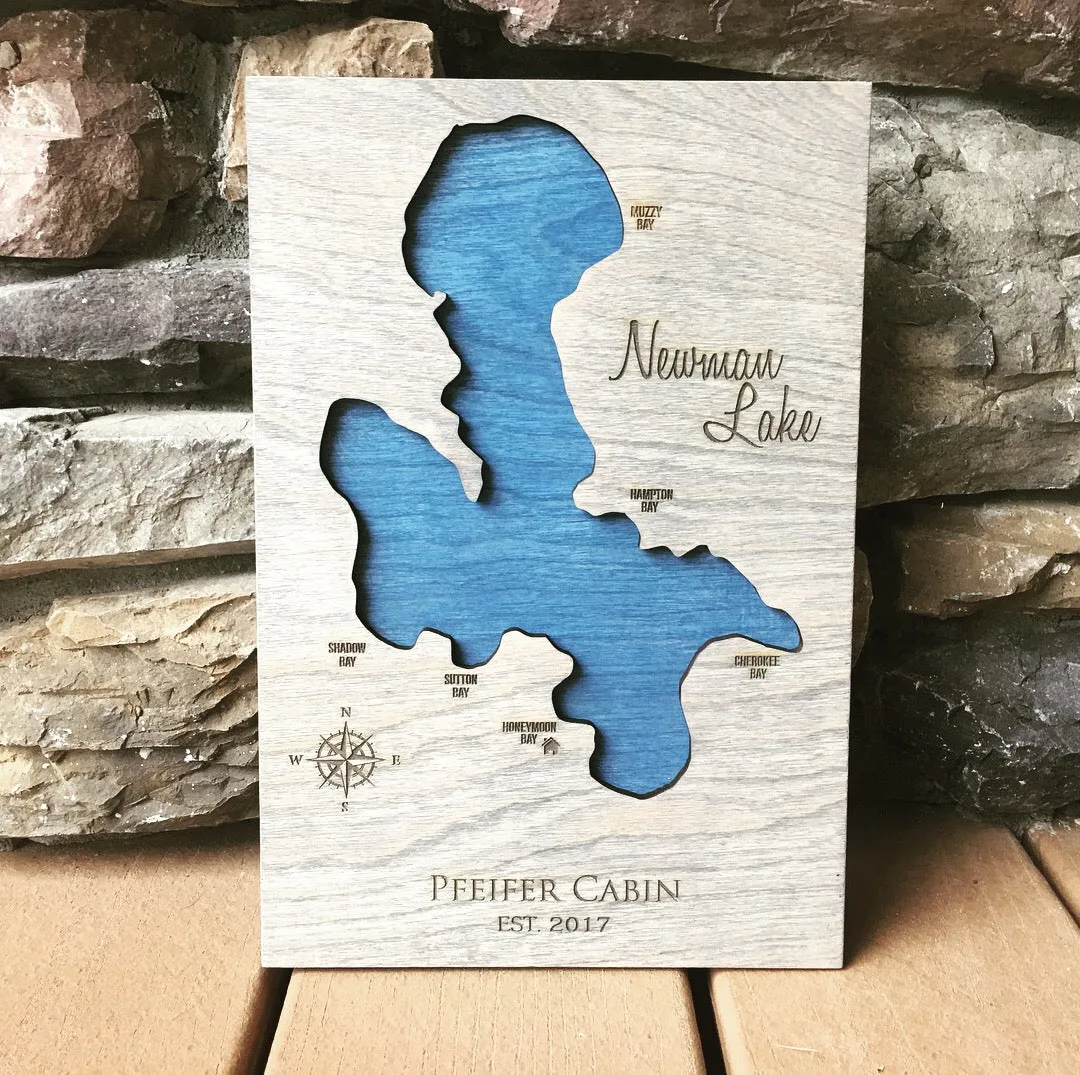 Newman Lake, Washington - Custom Engraved 3-D Wood Map Wall Hanging