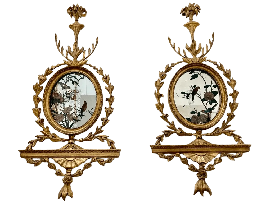 Pair of George III girandole mirrors with eglomise birds - sconces