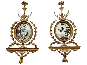 Pair of George III girandole mirrors with eglomise birds - sconces