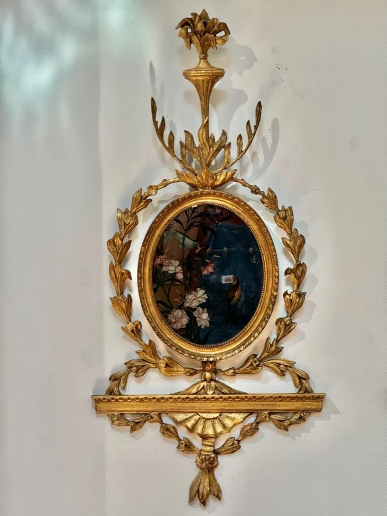 Pair of George III girandole mirrors with eglomise birds - sconces