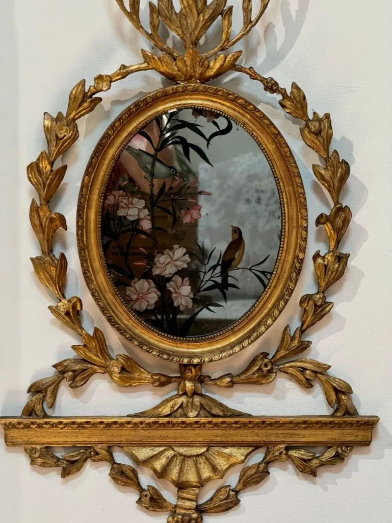 Pair of George III girandole mirrors with eglomise birds - sconces