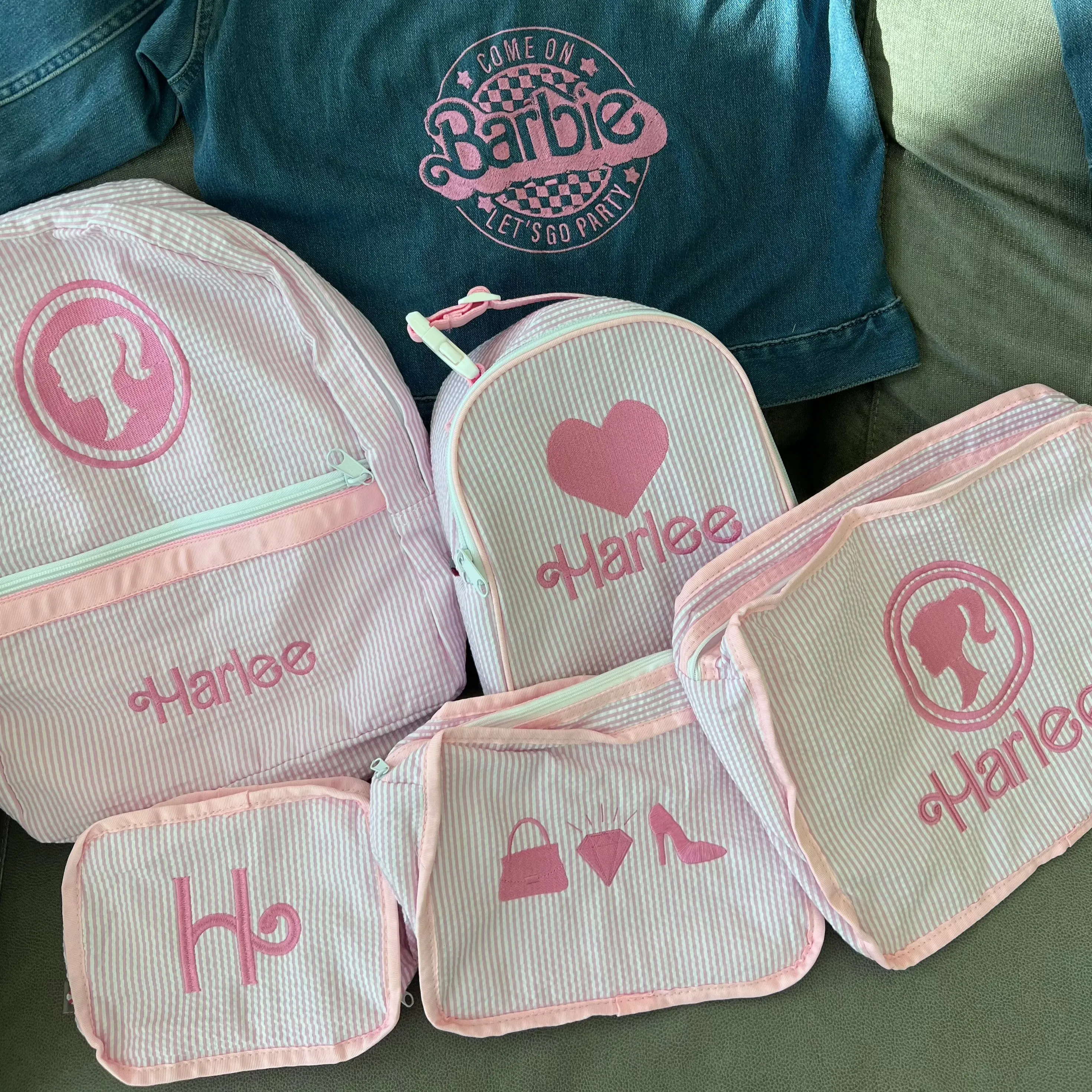 Personalized Seersucker Baby Pink Large Backpack w/ Pockets