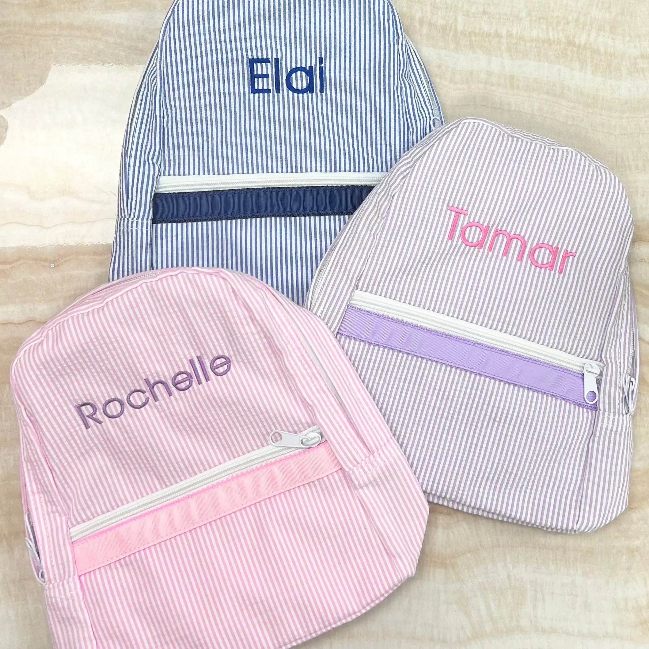 Personalized Seersucker Baby Pink Large Backpack w/ Pockets
