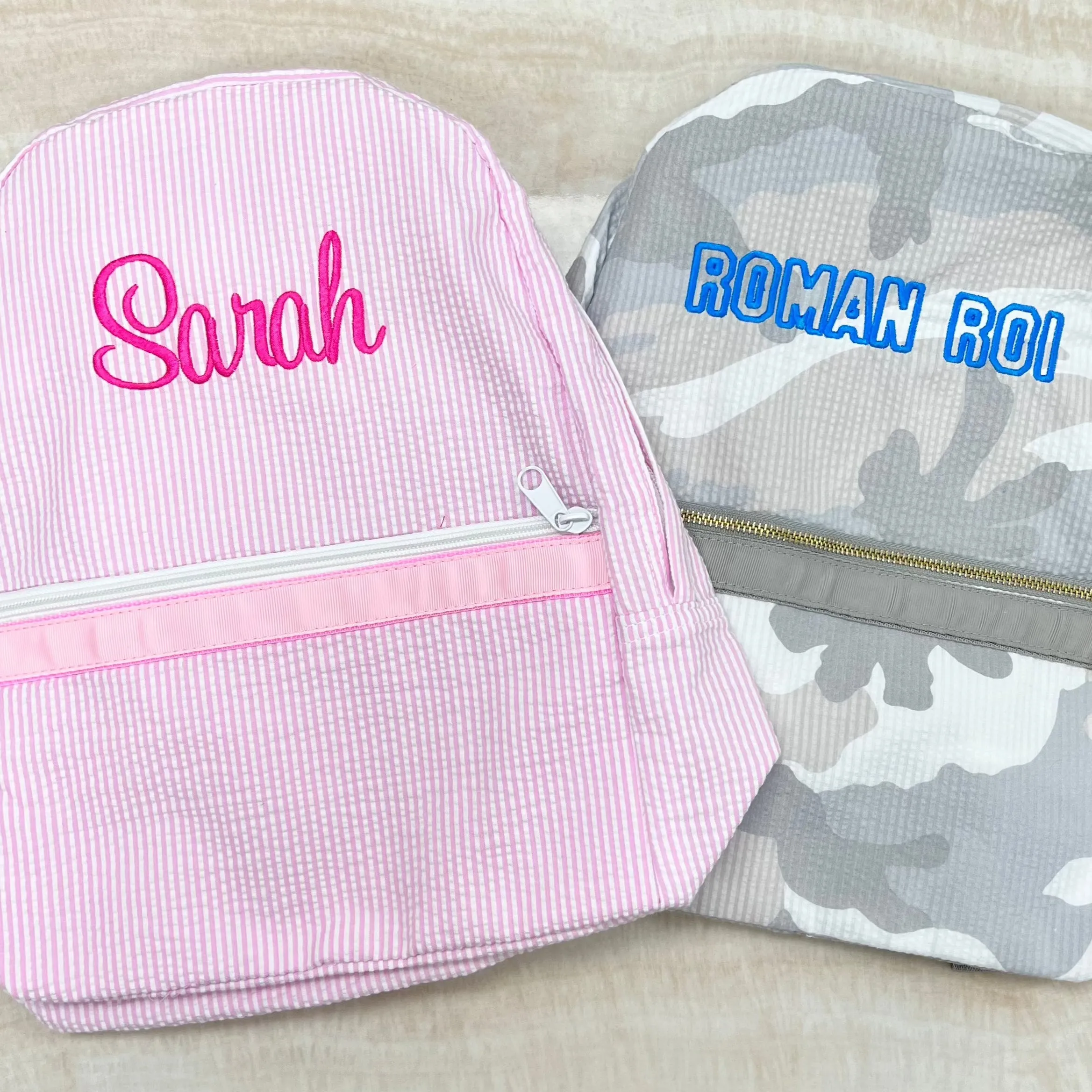 Personalized Seersucker Baby Pink Large Backpack w/ Pockets
