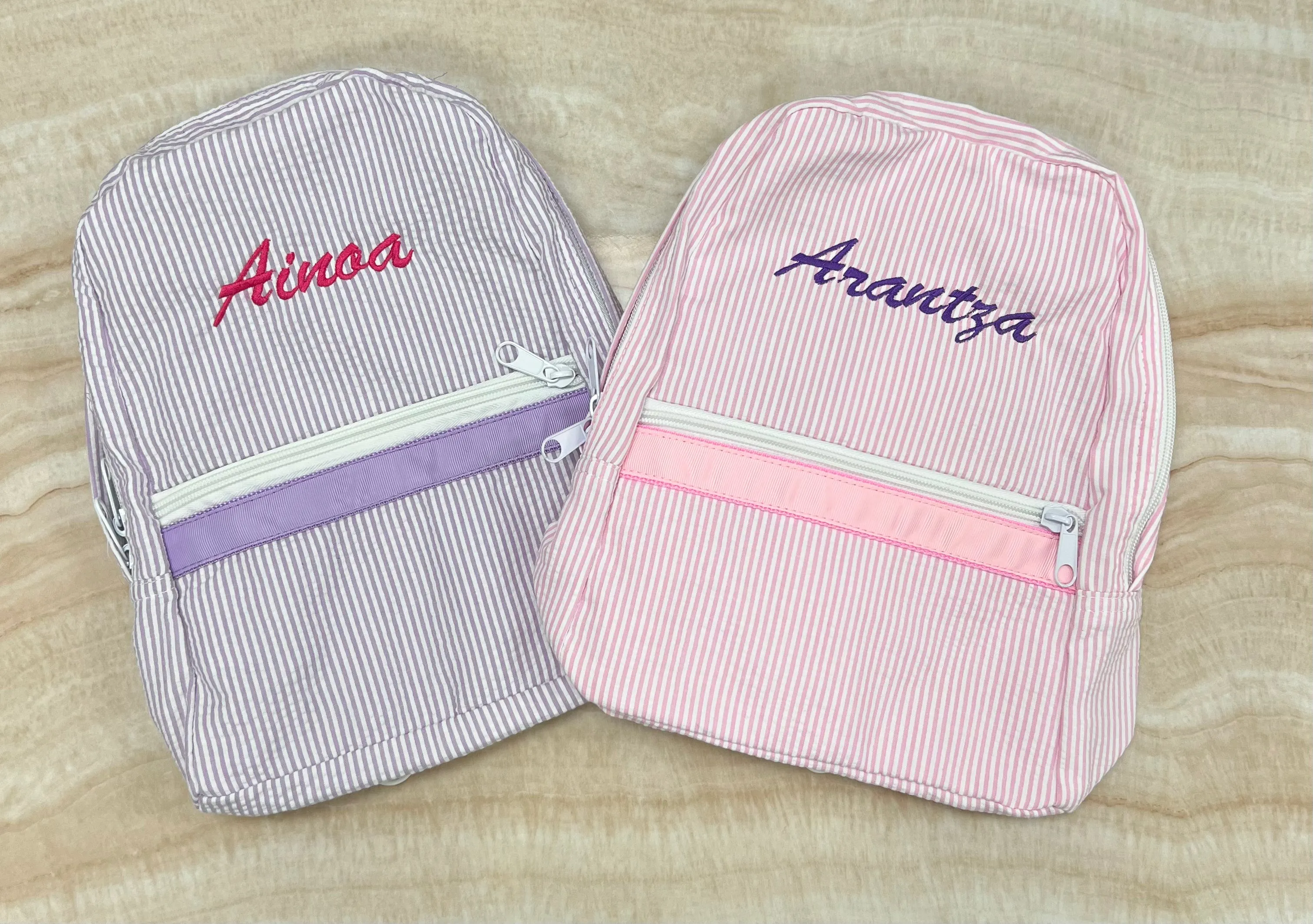 Personalized Seersucker Baby Pink Large Backpack w/ Pockets