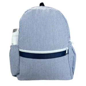 Personalized Seersucker Blue Navy Large Backpack w/Pockets