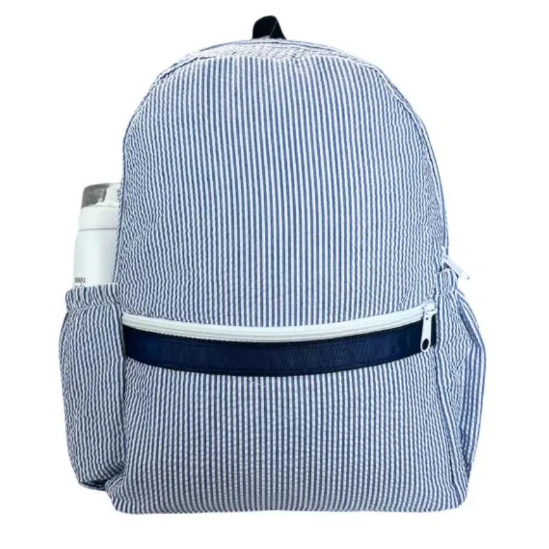 Personalized Seersucker Blue Navy Large Backpack w/Pockets
