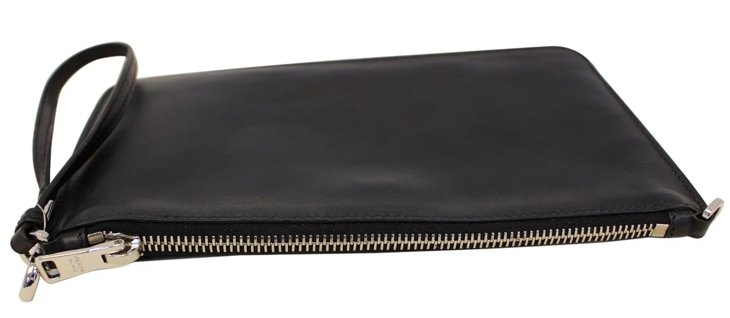 PRADA Black Leather Logo Plaque Wristlet Clutch Bag
