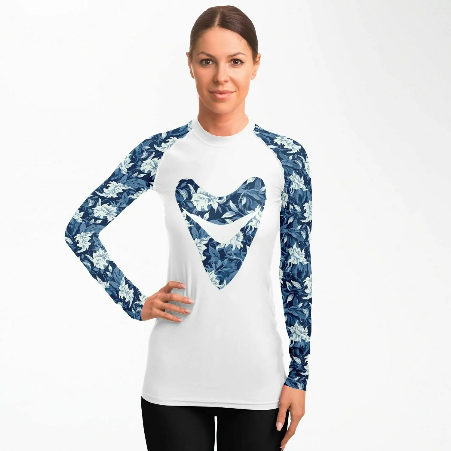 PREMIUM WOMEN'S BLUE FLORAL MEGALODON RASH GUARD - FREE SHIPPING