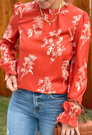 Rust Flounce Sleeve Silky Blouse