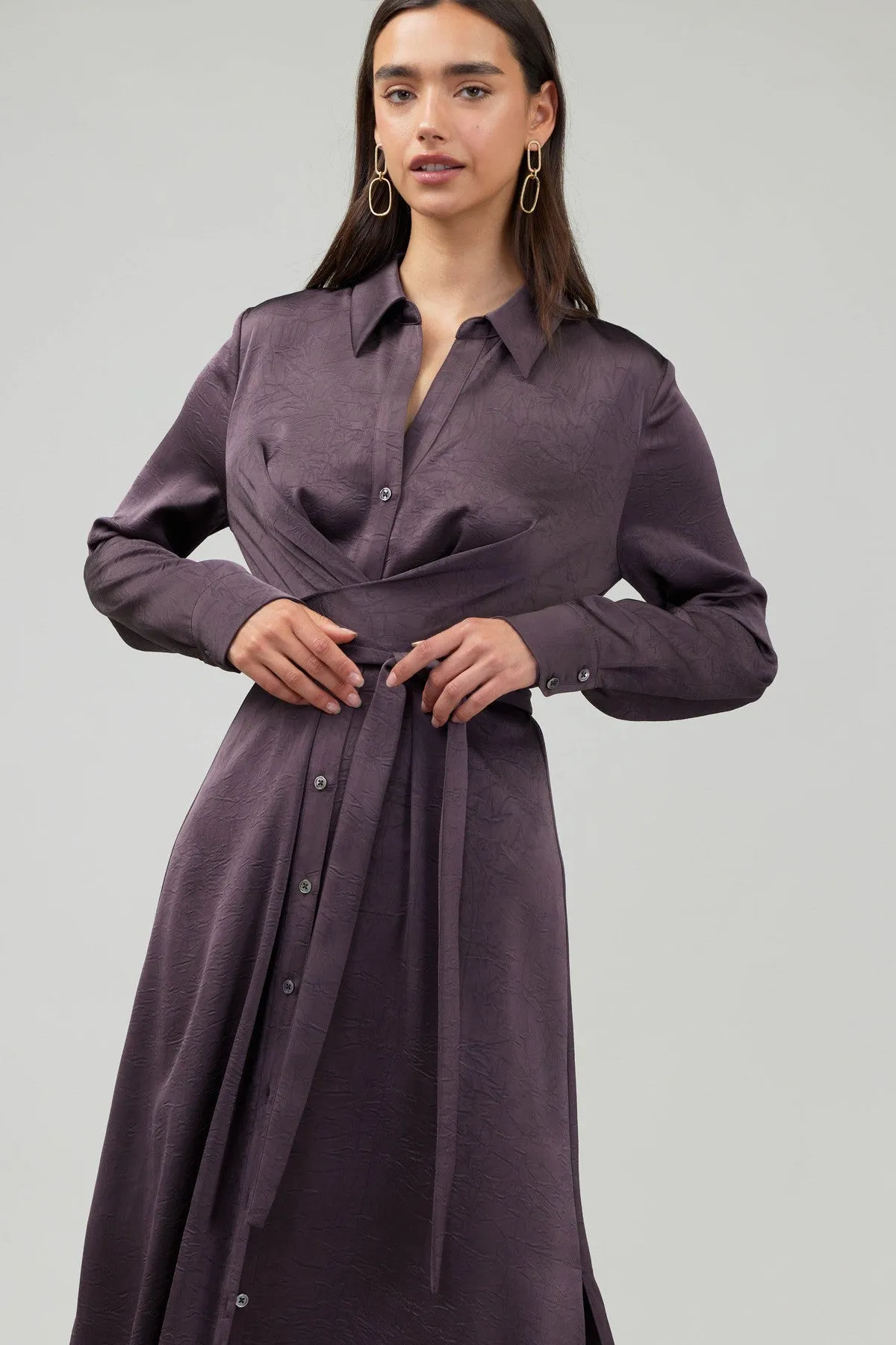 SILKY AUBERGINE CROSSOVER SHIRT DRESS