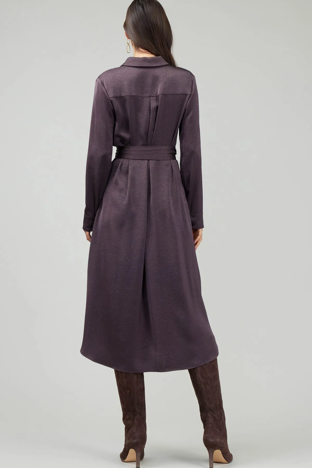SILKY AUBERGINE CROSSOVER SHIRT DRESS