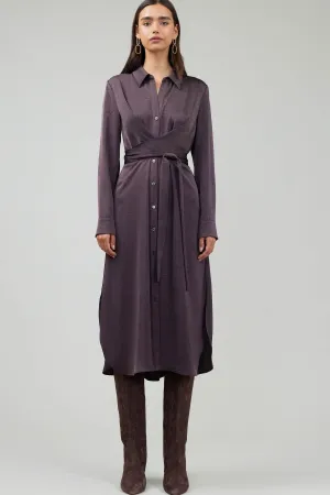 SILKY AUBERGINE CROSSOVER SHIRT DRESS
