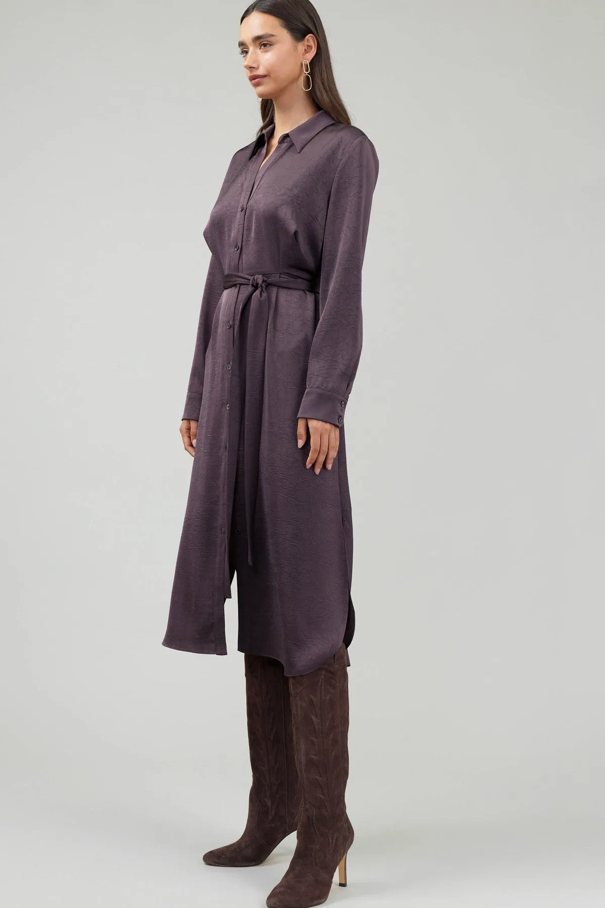 SILKY AUBERGINE CROSSOVER SHIRT DRESS