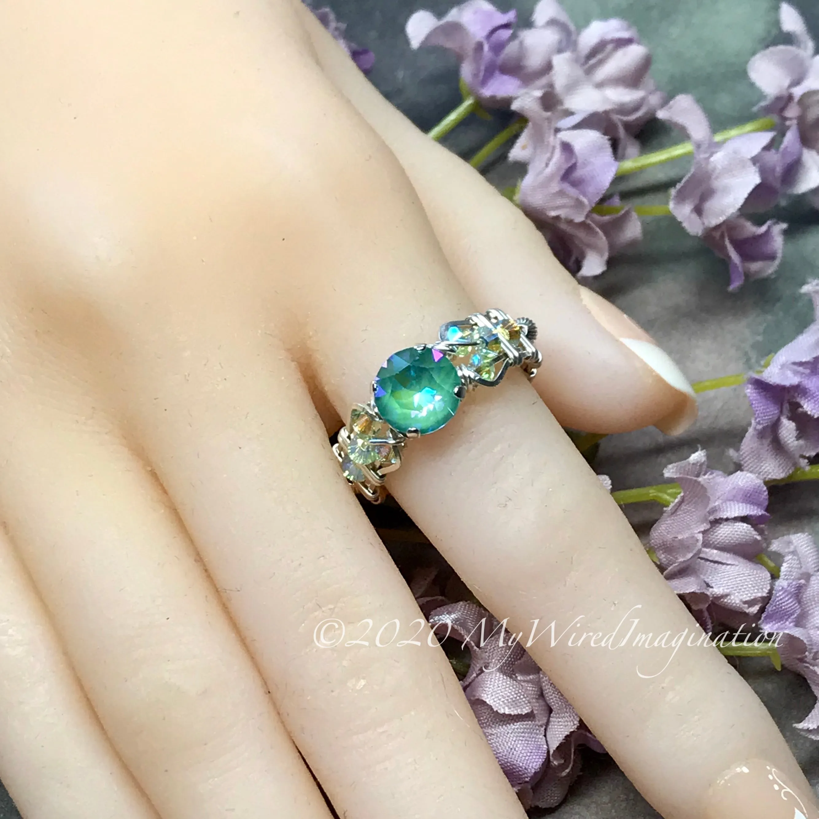 Silky Sage DeLite Ring, Genuine Swarovski Crystal, Handmade Ring, Sterling Silver, US Size 9