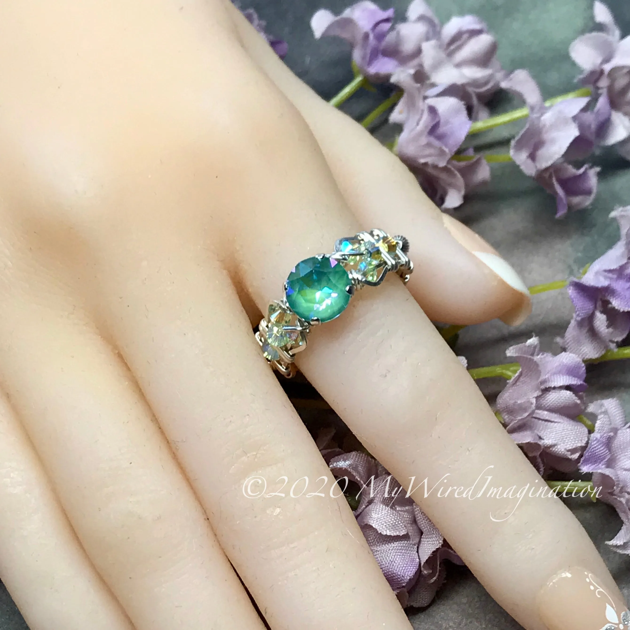 Silky Sage DeLite Ring, Genuine Swarovski Crystal, Handmade Ring, Sterling Silver, US Size 9