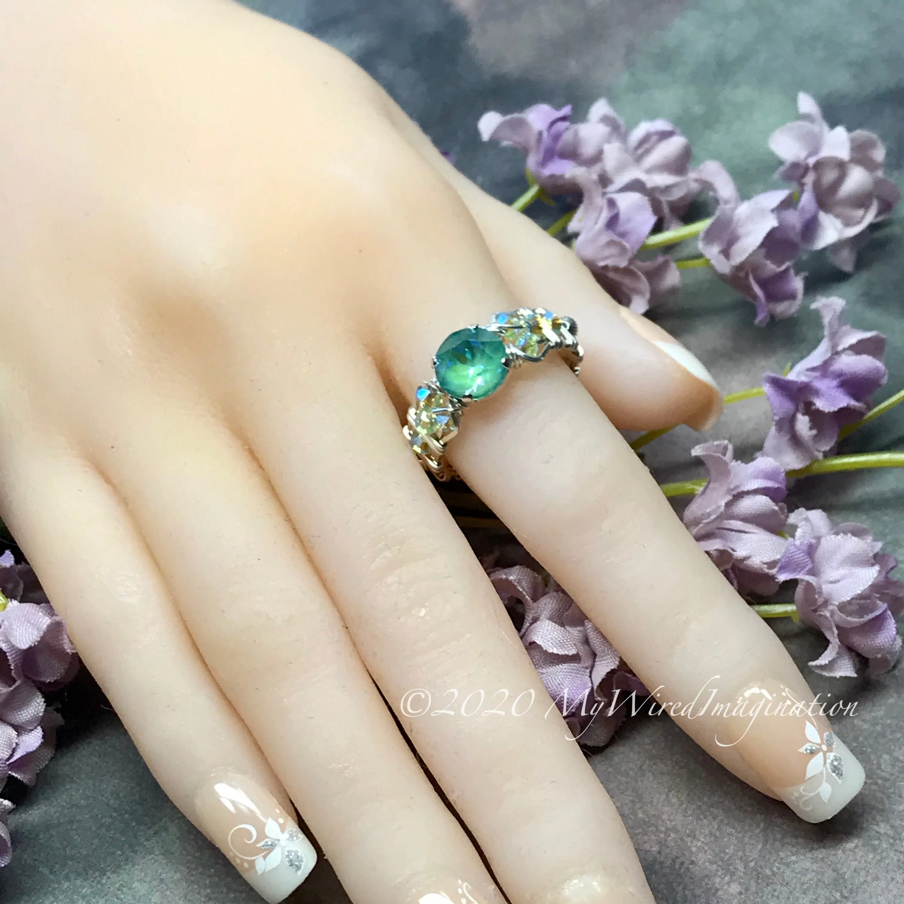 Silky Sage DeLite Ring, Genuine Swarovski Crystal, Handmade Ring, Sterling Silver, US Size 9