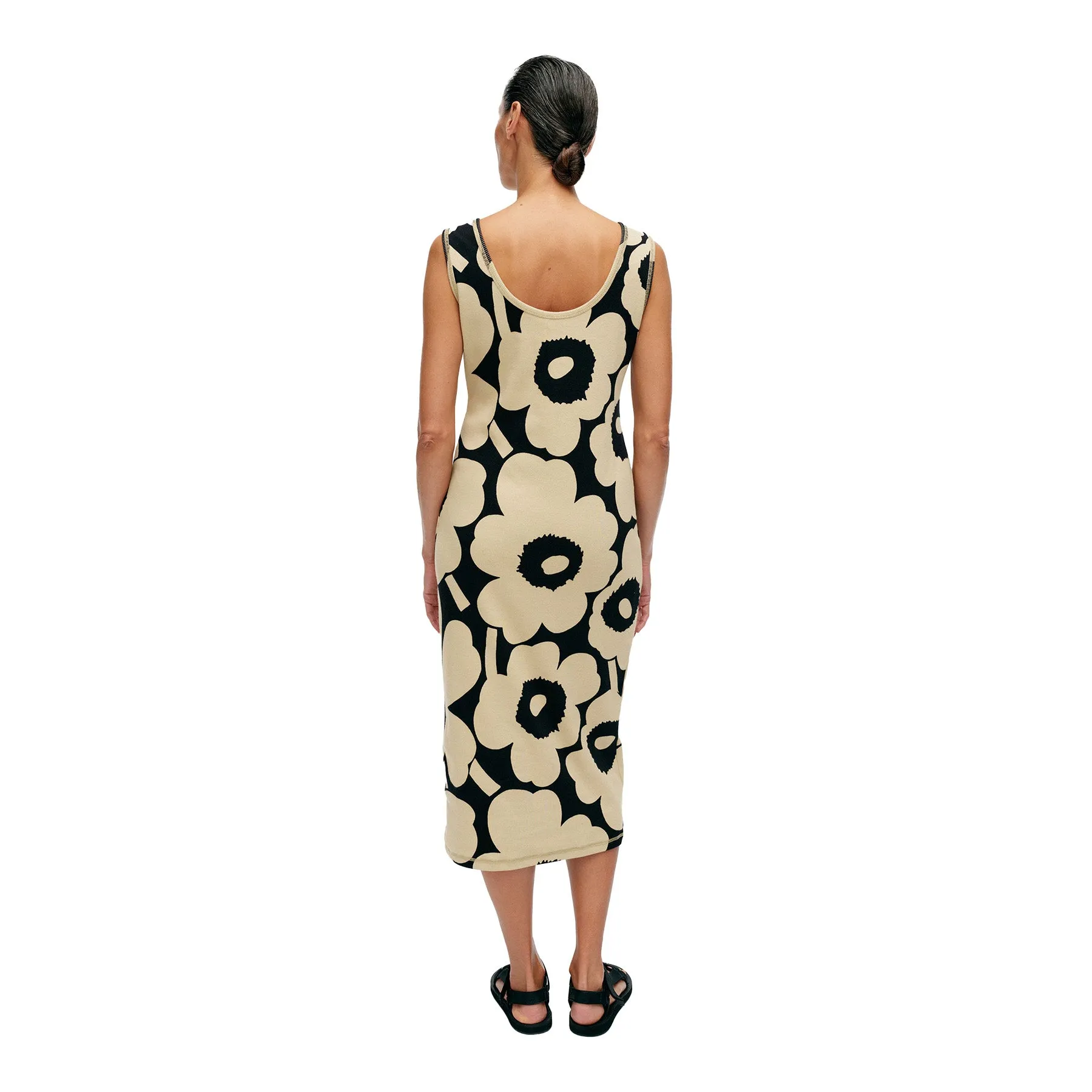 Simpukka Unikko Sleeveless Dress, Black With Beige Flowers