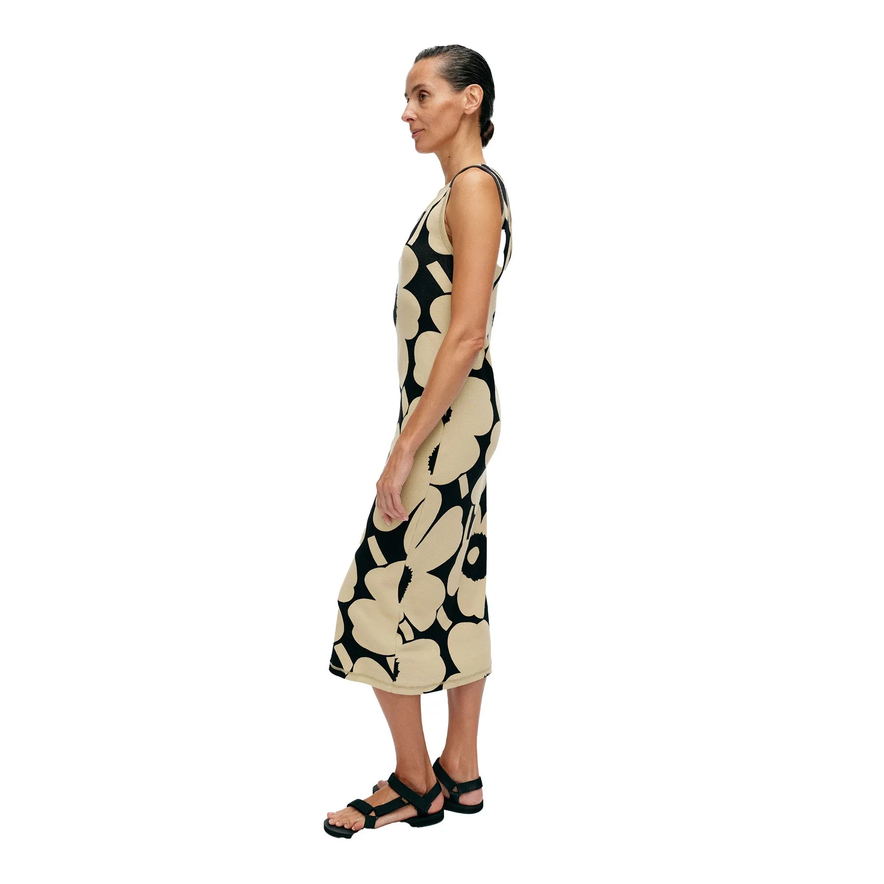 Simpukka Unikko Sleeveless Dress, Black With Beige Flowers