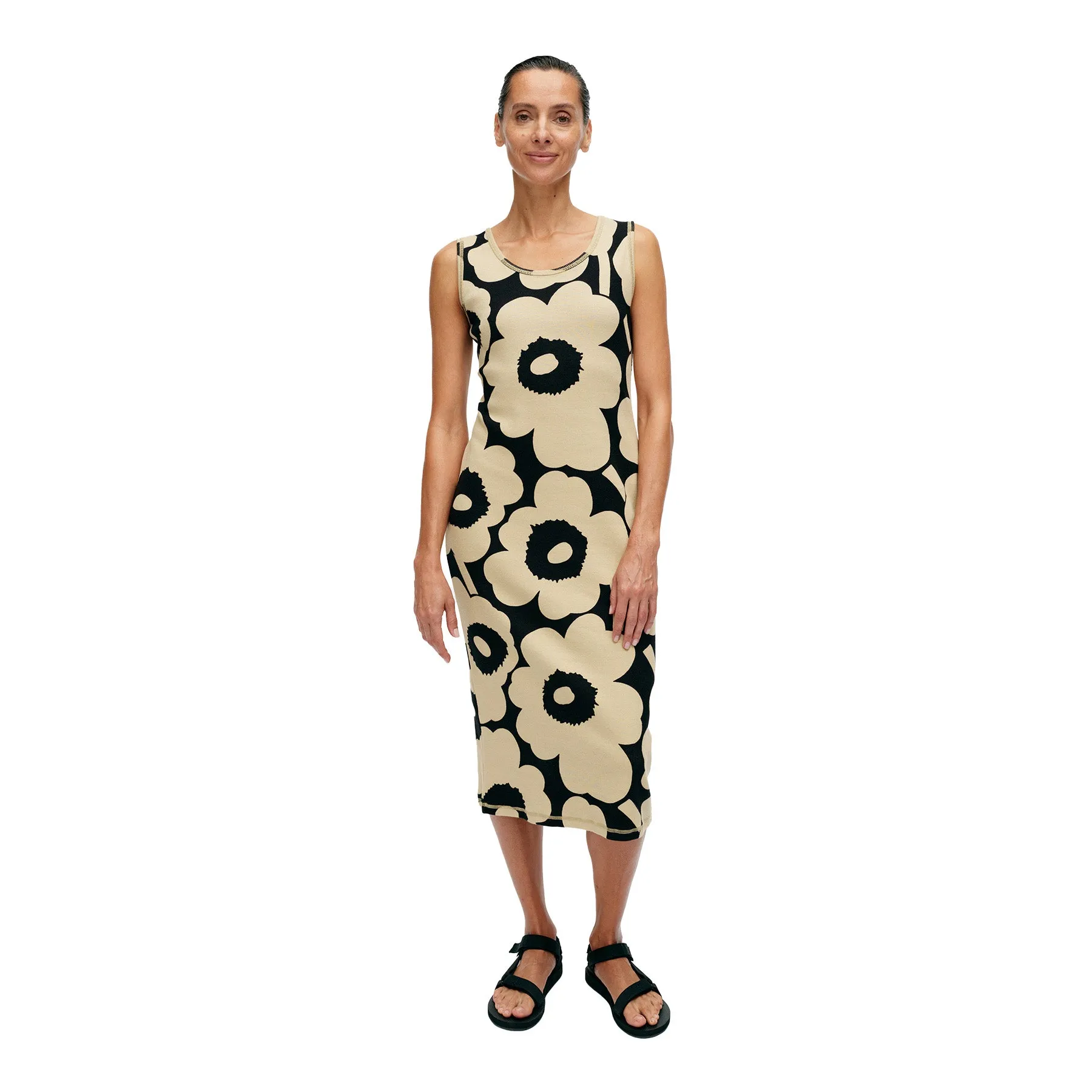 Simpukka Unikko Sleeveless Dress, Black With Beige Flowers