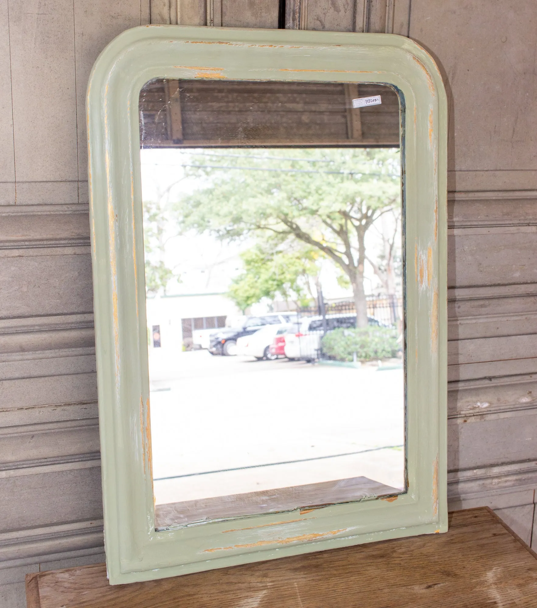 Small Painted Antique French Louis Philippe Mirror in Light Green & Gold Finish