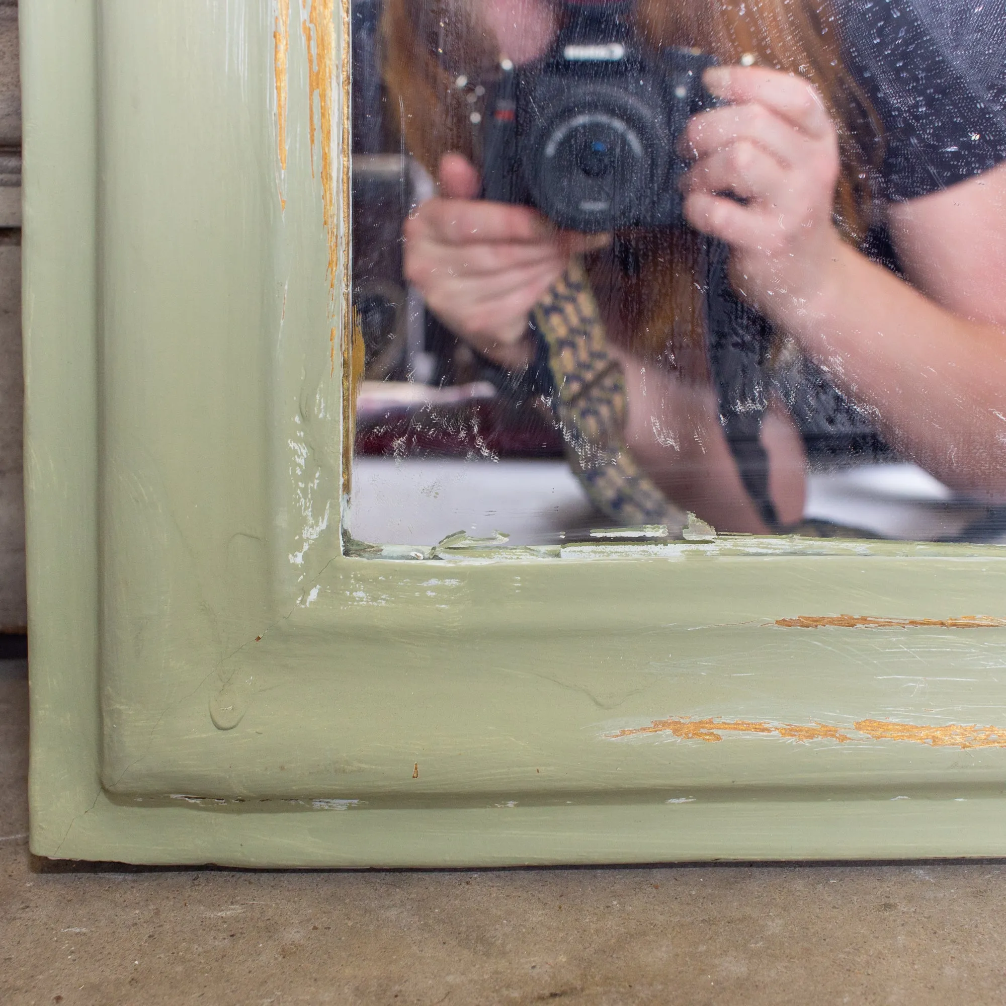 Small Painted Antique French Louis Philippe Mirror in Light Green & Gold Finish