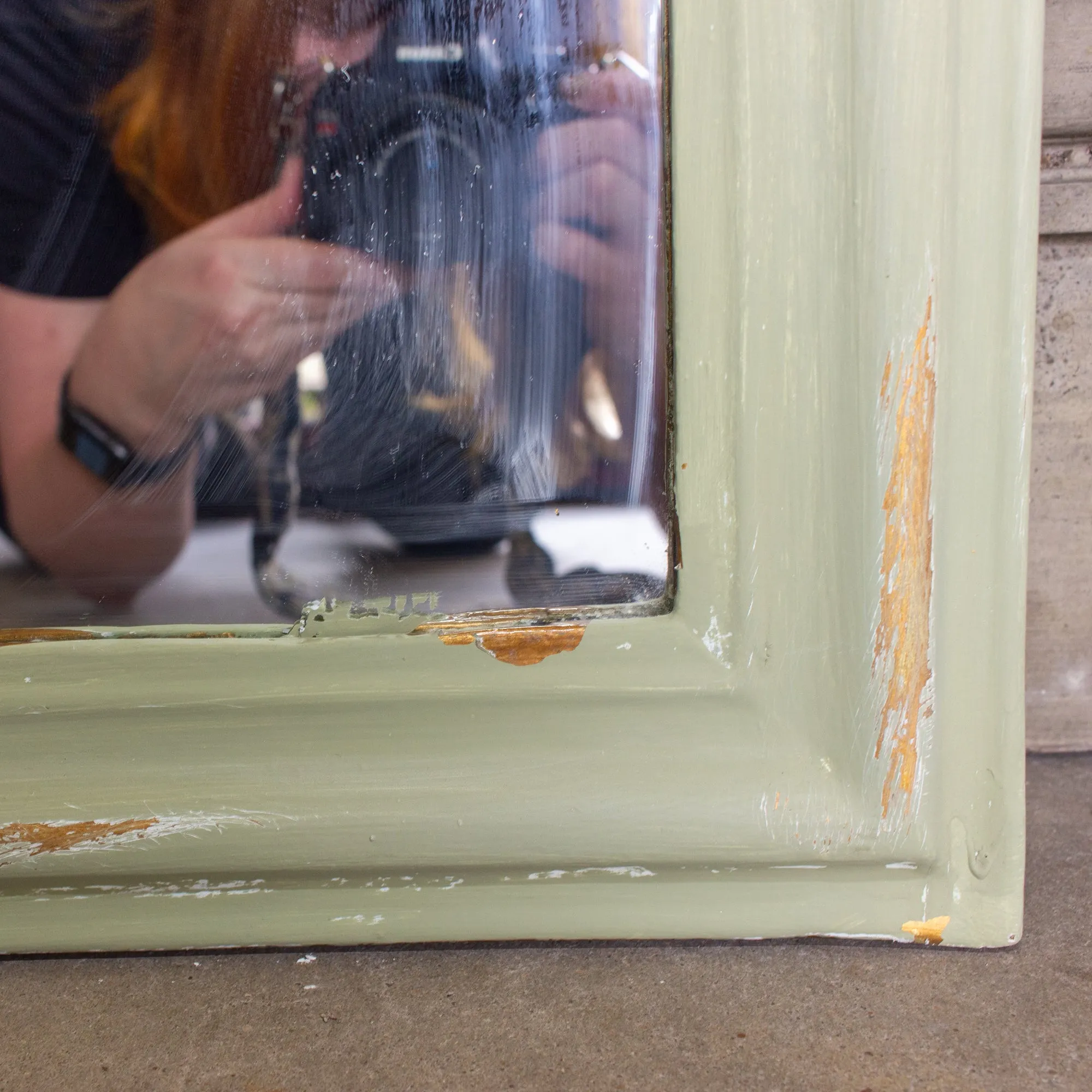 Small Painted Antique French Louis Philippe Mirror in Light Green & Gold Finish