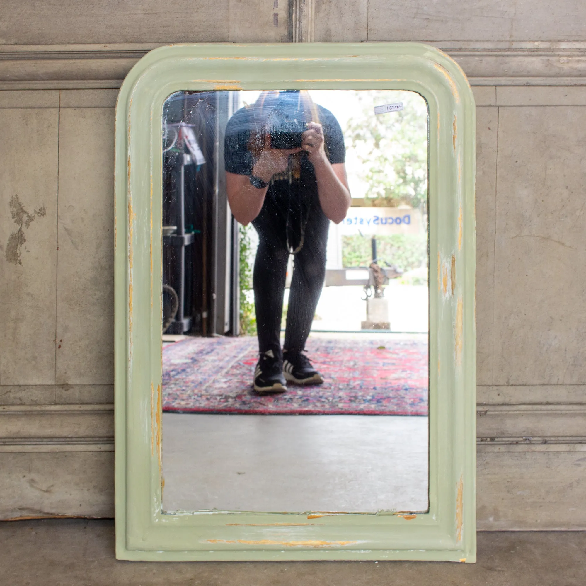 Small Painted Antique French Louis Philippe Mirror in Light Green & Gold Finish