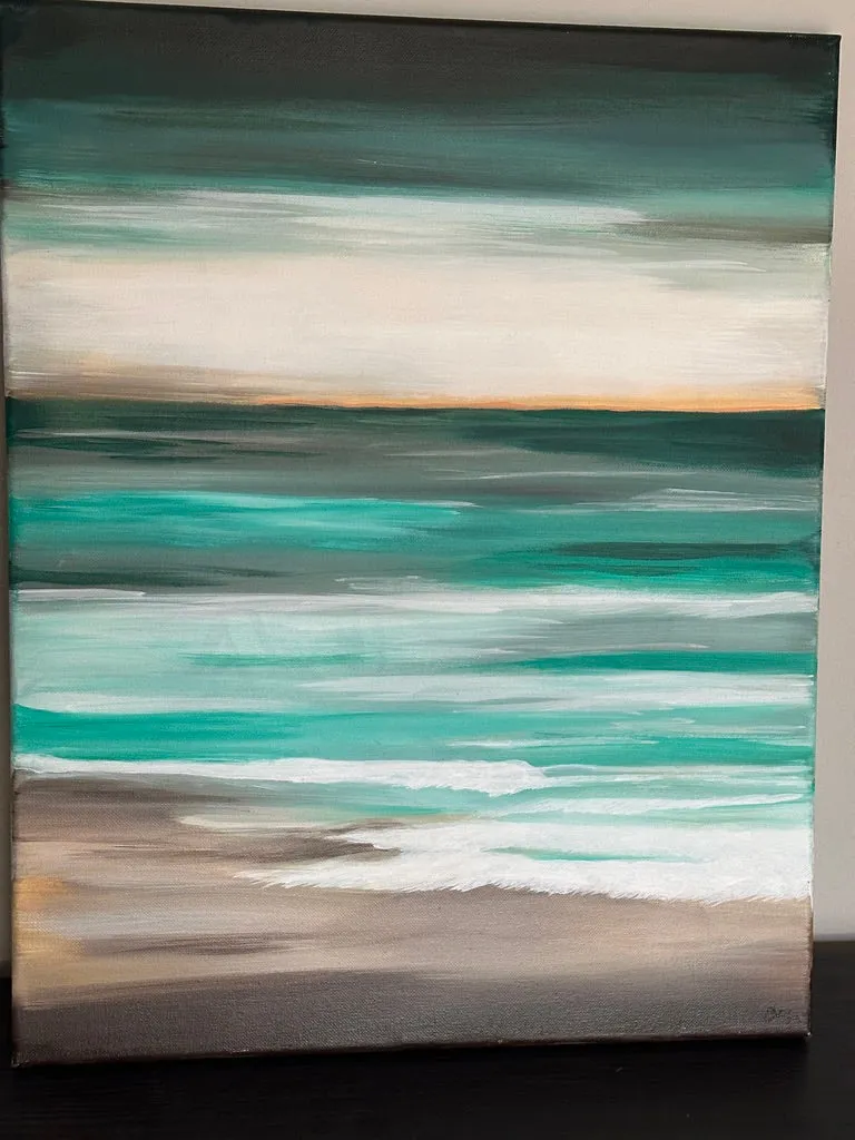 Soft Beach Landscape in Teal and Golden Taupe 16x20 Acrylic on Gallery Wrapped Canvas FREE SHIPPING