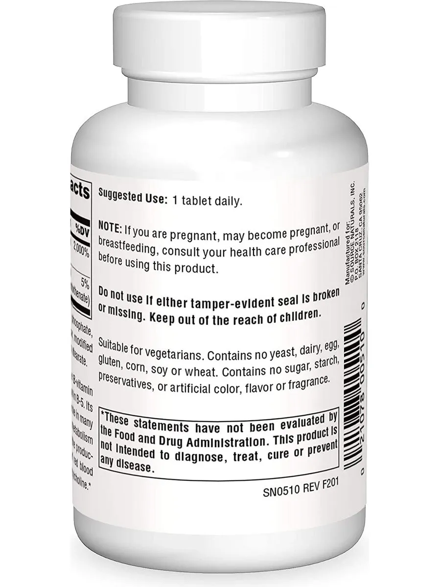 Source Naturals, Pantothenic Acid Vitamin B-5 100 mg, 250 tablets