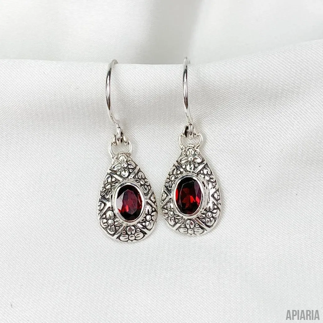 Sterling Silver Earrings with Faceted Garnet Gemstones