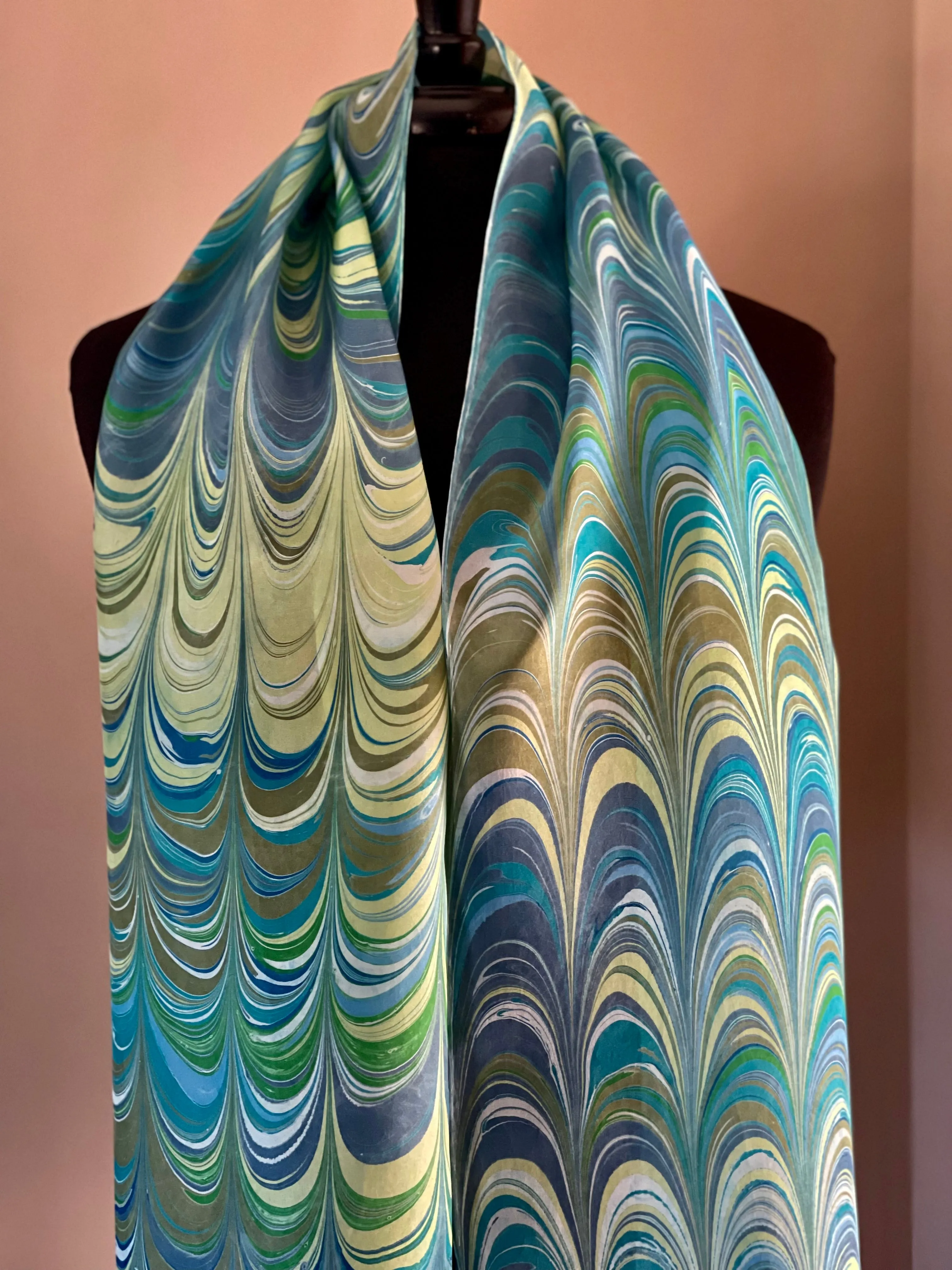 Stripes of blue green yellow water marbled 8mm Habotai silk.  Hang on the wall, use as a table runner or wear this unique piece
