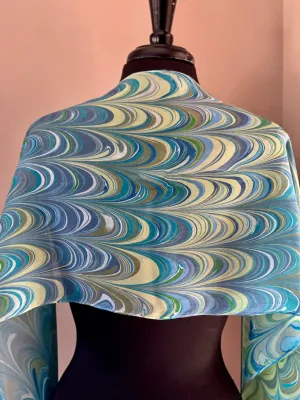 Stripes of blue green yellow water marbled 8mm Habotai silk.  Hang on the wall, use as a table runner or wear this unique piece