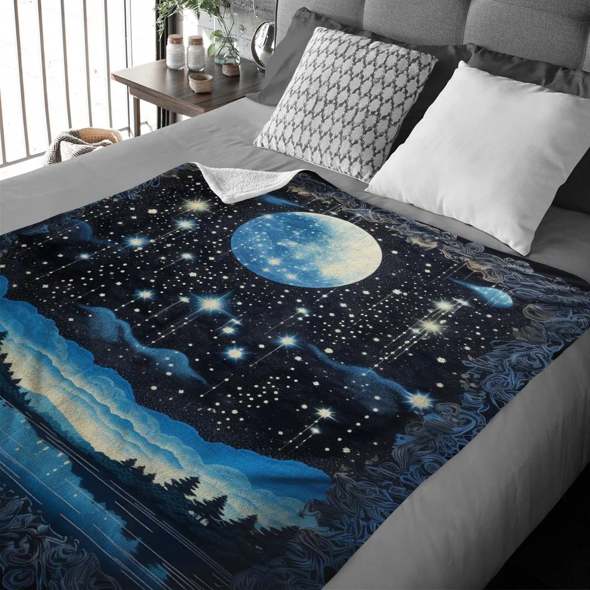 Sun and Moon Sherpa Blanket, Blanket for bed, Cozy Blanket Gift gifts home decor, Moon Gift,Magic Celestial Home Decor, Comet, Constellation and Stars, Moon And Stars 001