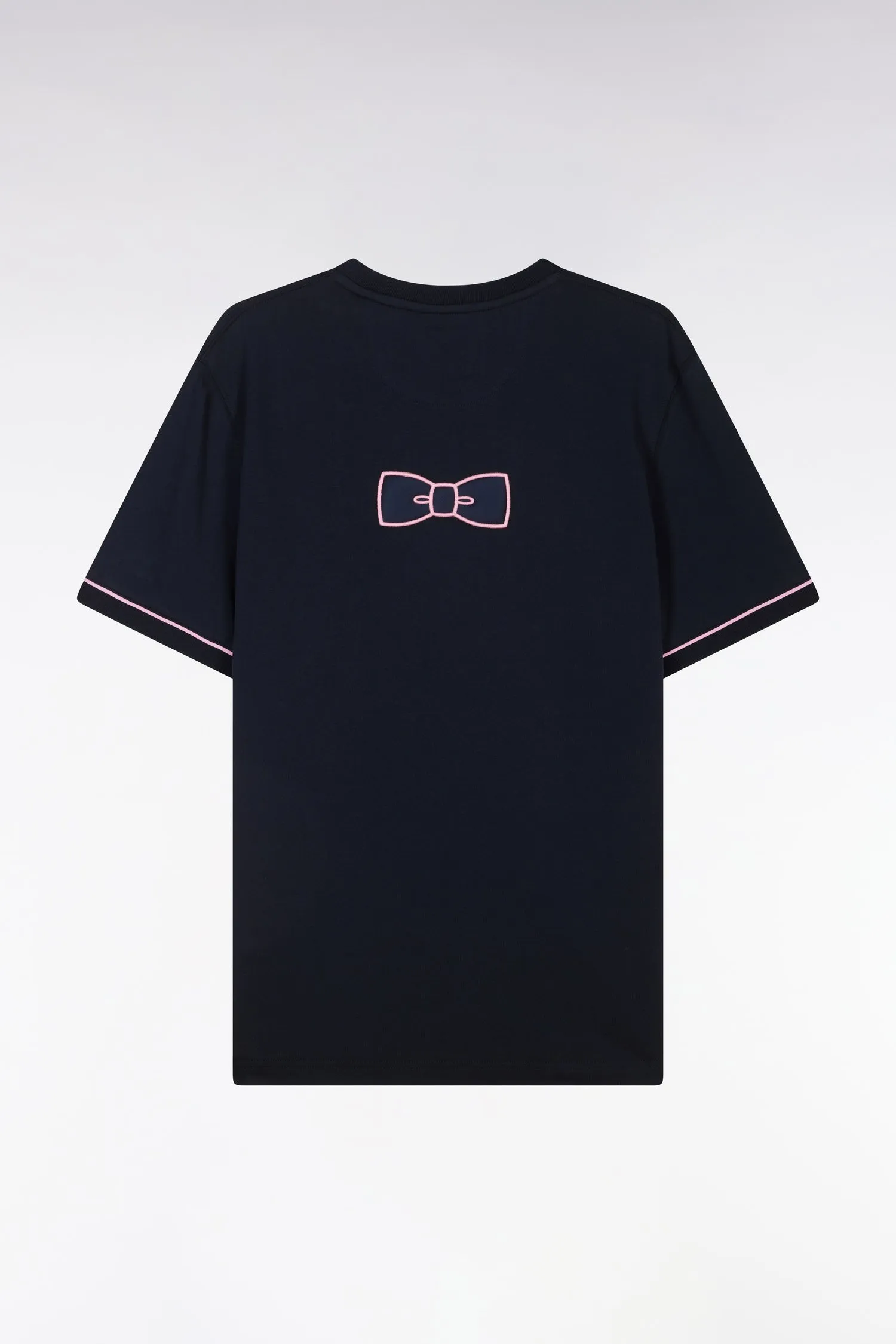T-shirt en coton marine broderie et badge nœud papillon coupe droite