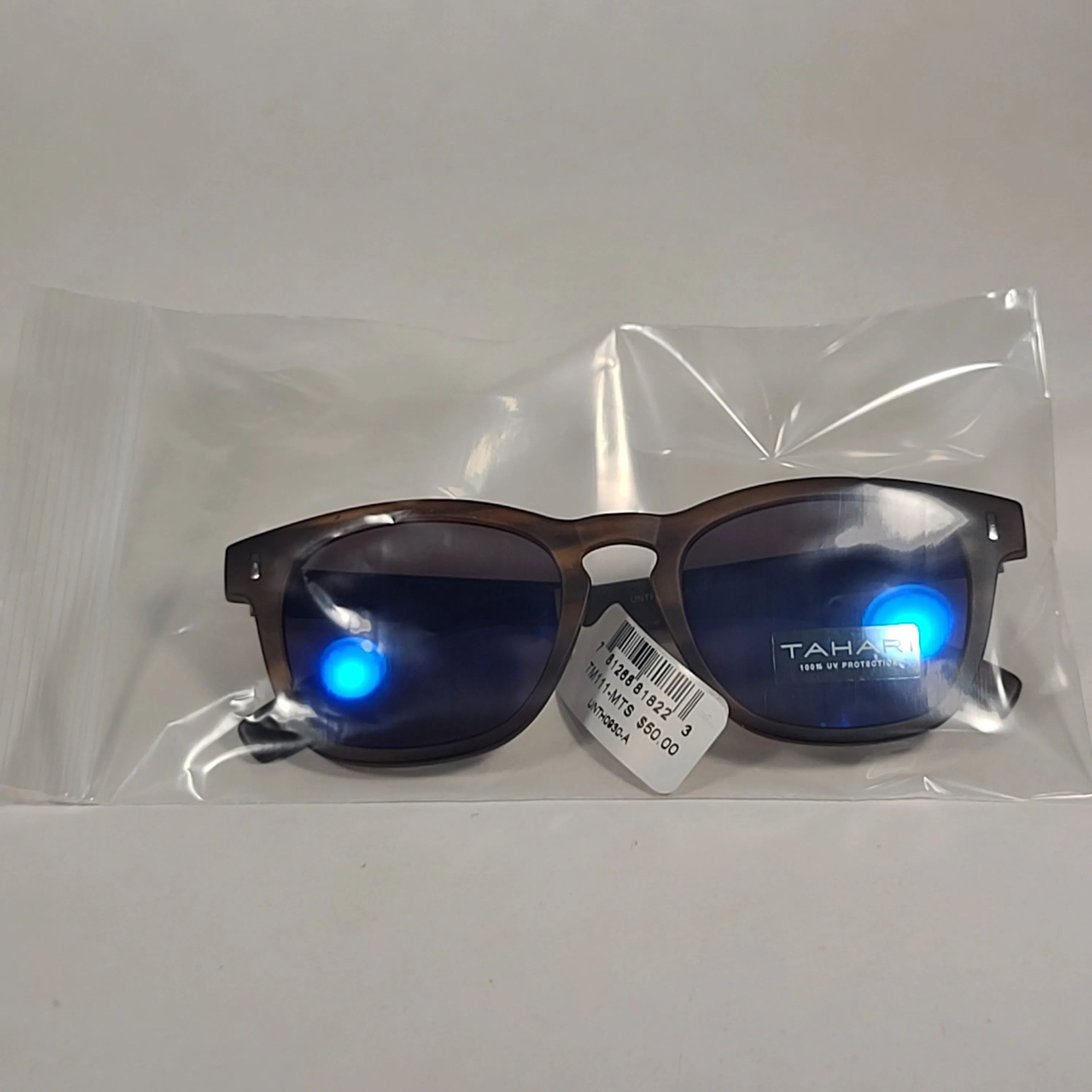 Tahari Square Club Sunglasses Matte Brown Tortoise Frame Blue Mirror Lens TM111 MTS