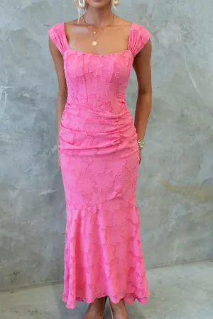 Unreal Beauty Floral Textured Material Ruched Fishtail Maxi Dress