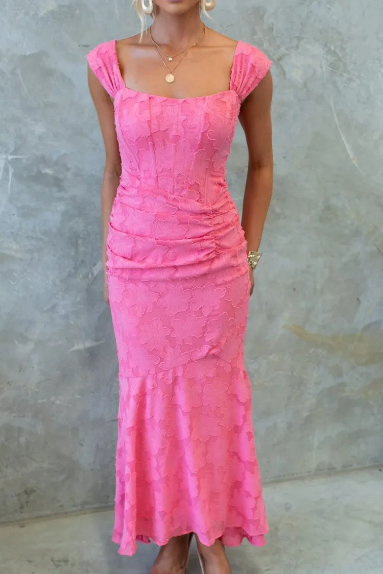 Unreal Beauty Floral Textured Material Ruched Fishtail Maxi Dress