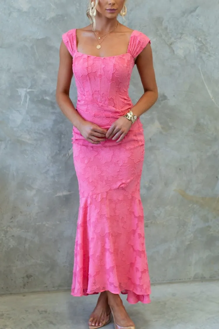 Unreal Beauty Floral Textured Material Ruched Fishtail Maxi Dress