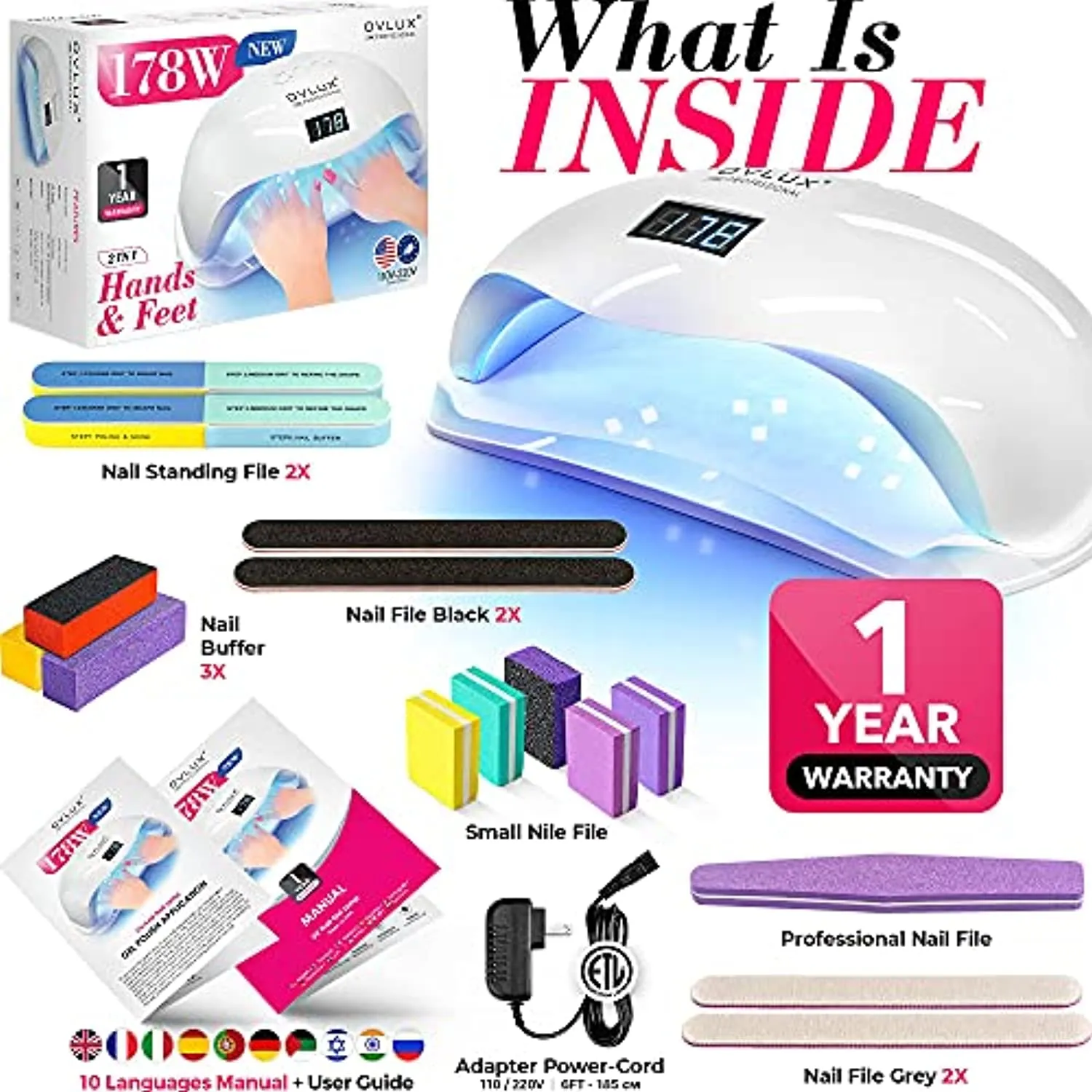 UV LED Nail Lamp 178W, Professional Nail Dryer Machine, Best Gel UV LED Nail Lamp for Fingernail & Toenail Gel Based Polishes – Nail Curing Light with 42pcs LEDs, 4 Timer Settings by OVLUX