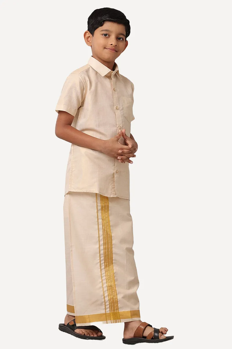 Vaibhav - Gold Tissue Shirt and Dhoti 2 in 1 Set For Kids | Uathayam