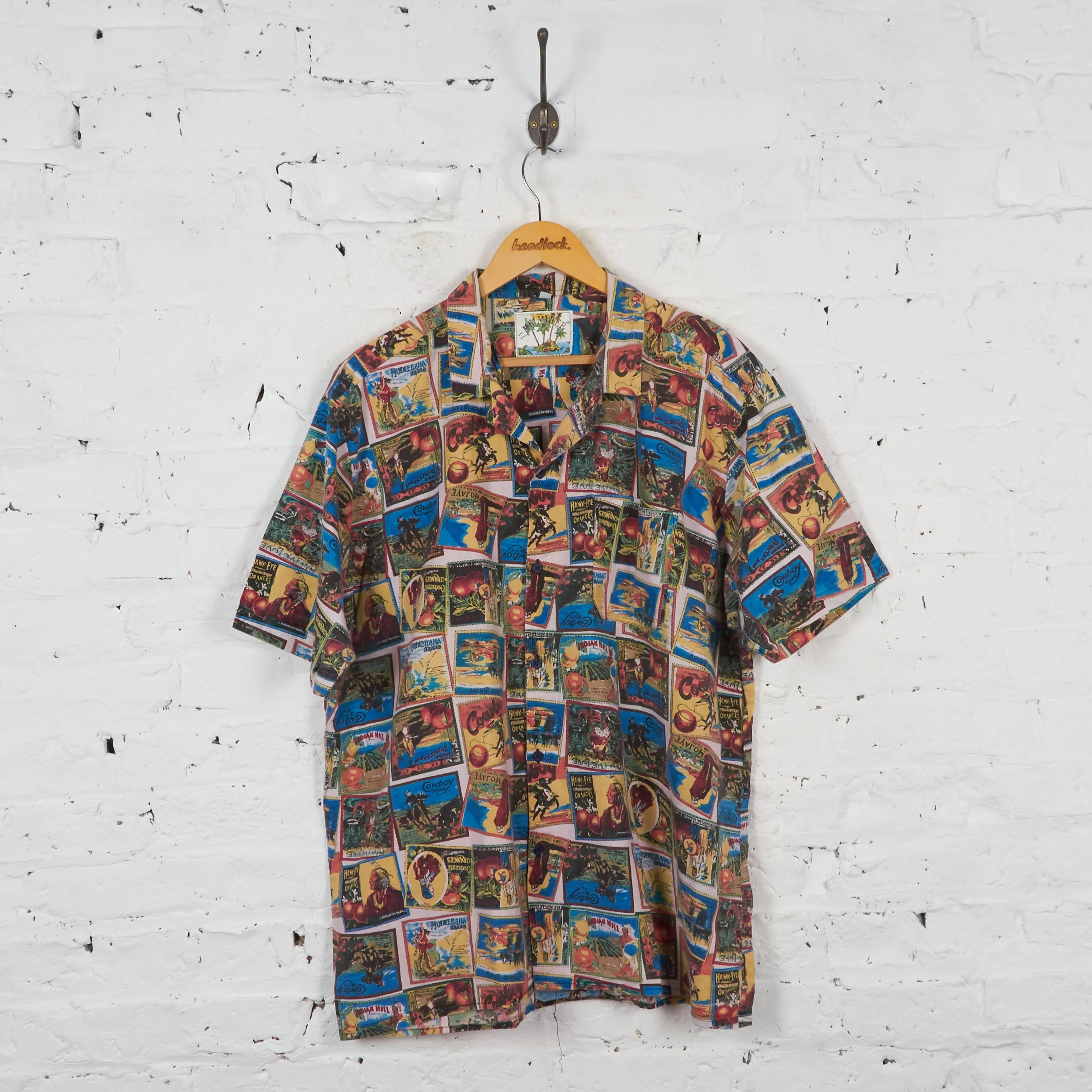 Vintage Cowboy Patterned Shirt - Yellow/Blue - XL