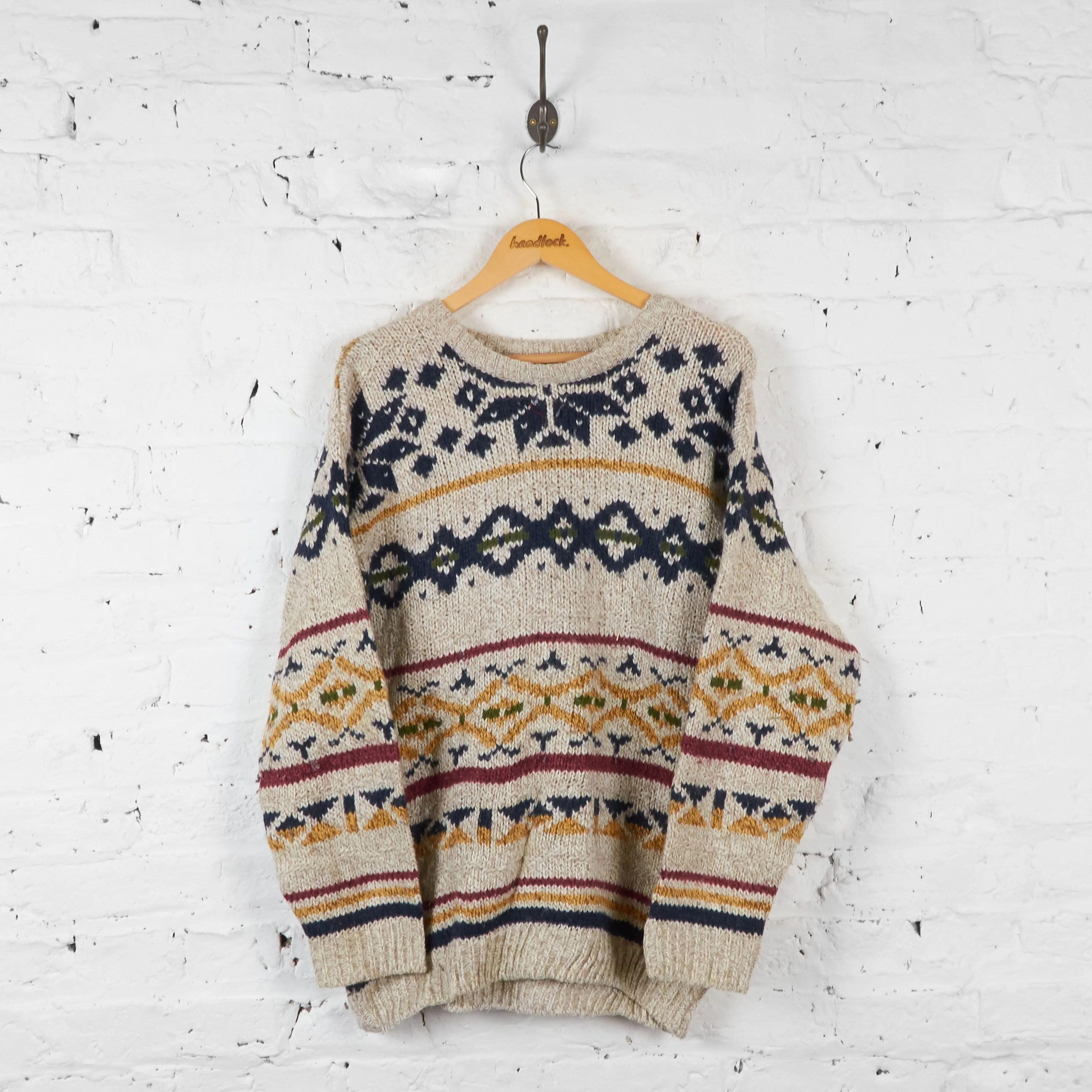 Vintage Patterned Knit Jumper - Beige - L